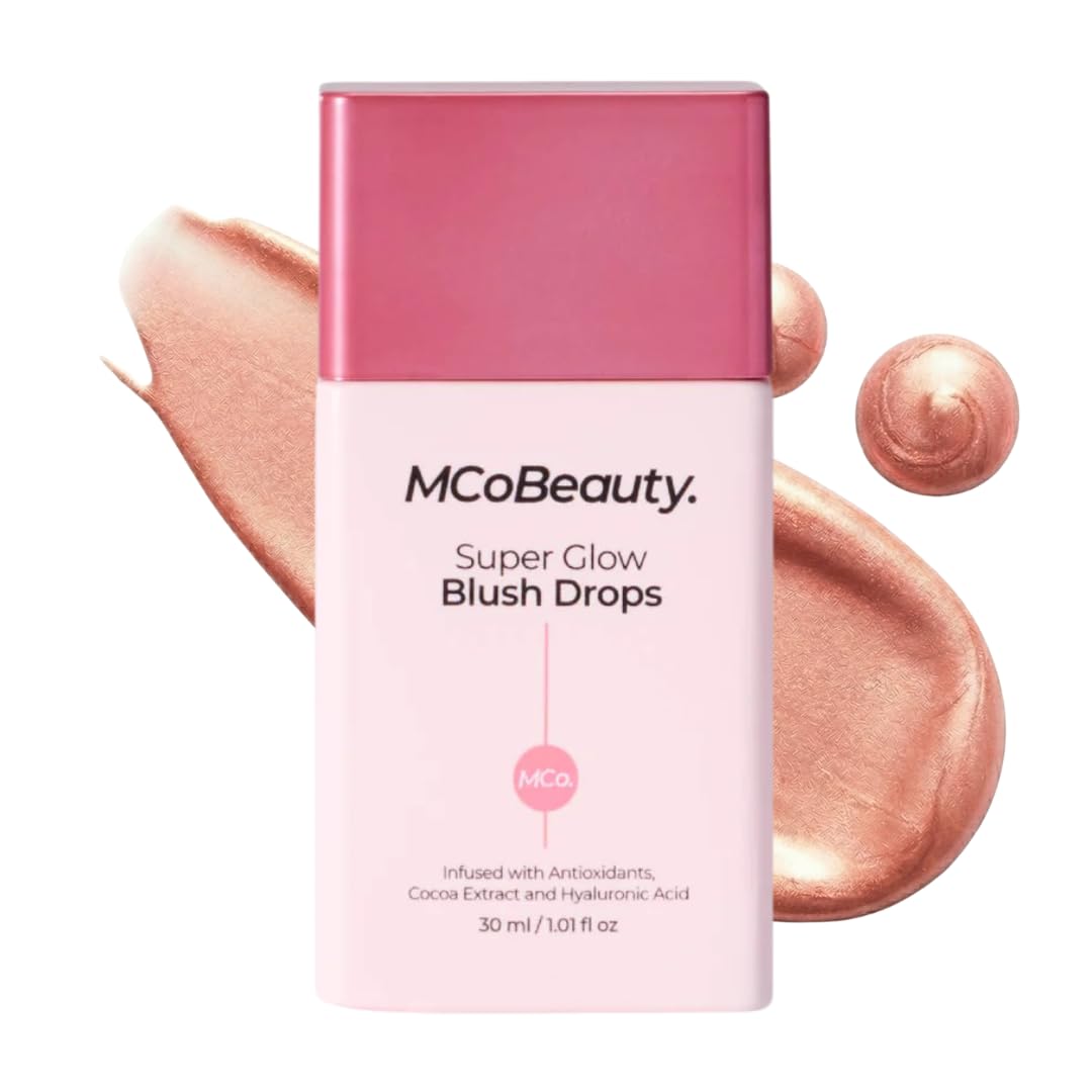 MCoBeauty Super Glow Blush Drops bottle with peachy pink shimmer for dewy cheeks