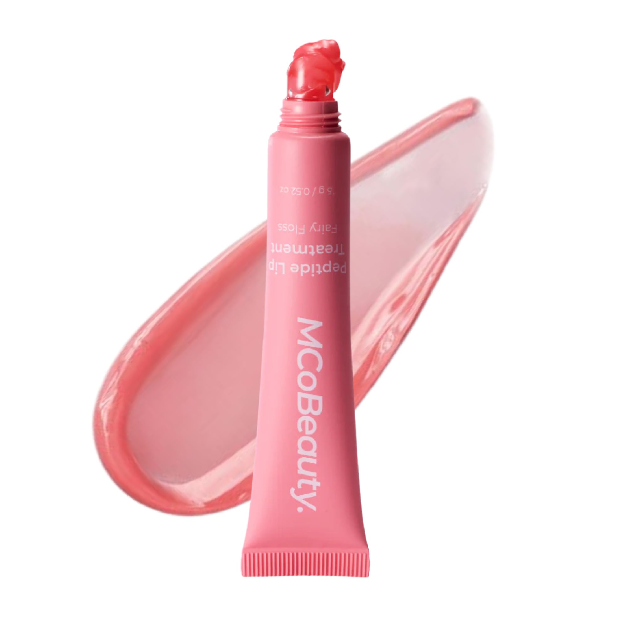 MCoBeauty Fairy Floss peptide lip treatment bottle showing glossy, hydrating finish