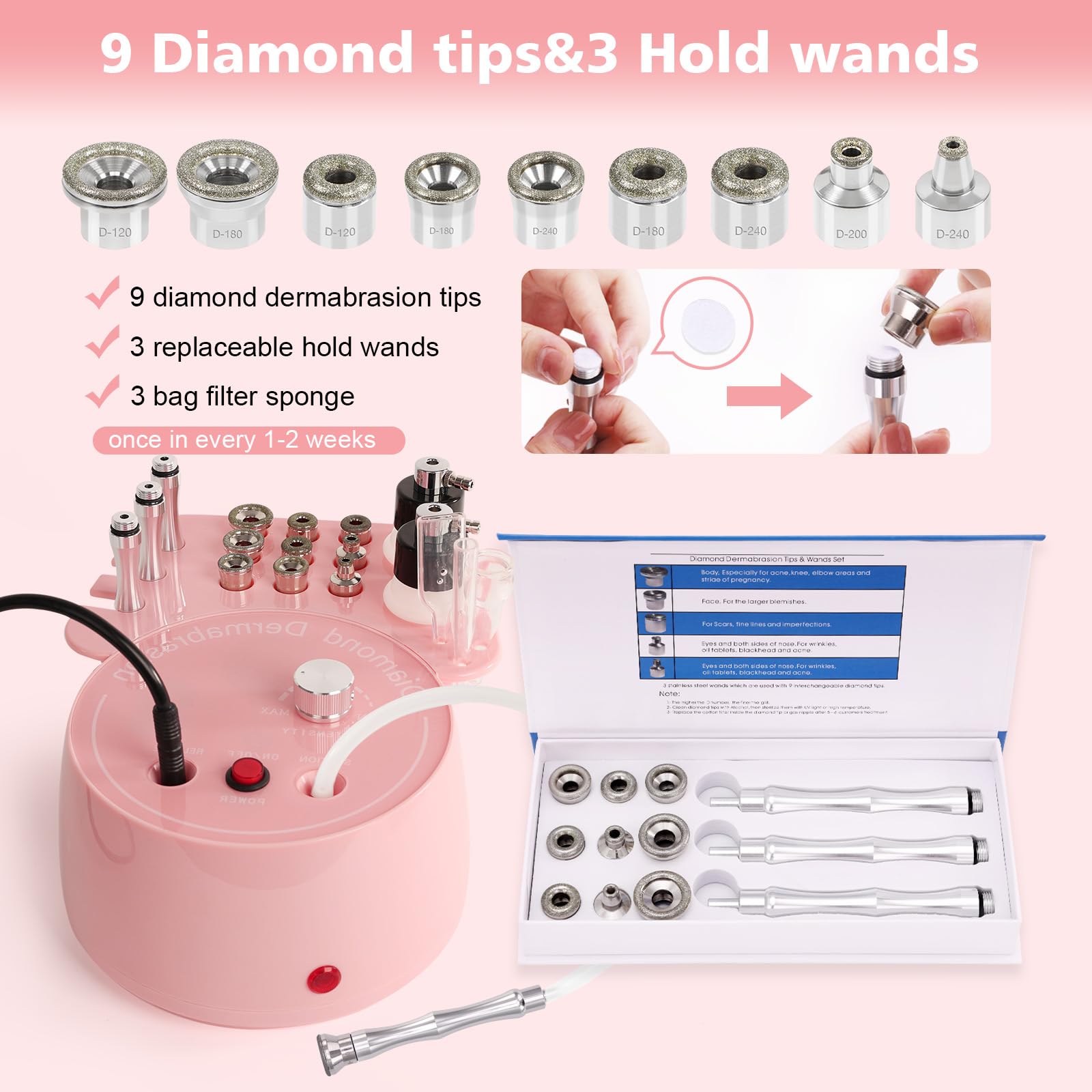 mcwdoit diamond tips variety pack shows nine tips for different skin areas and needs.