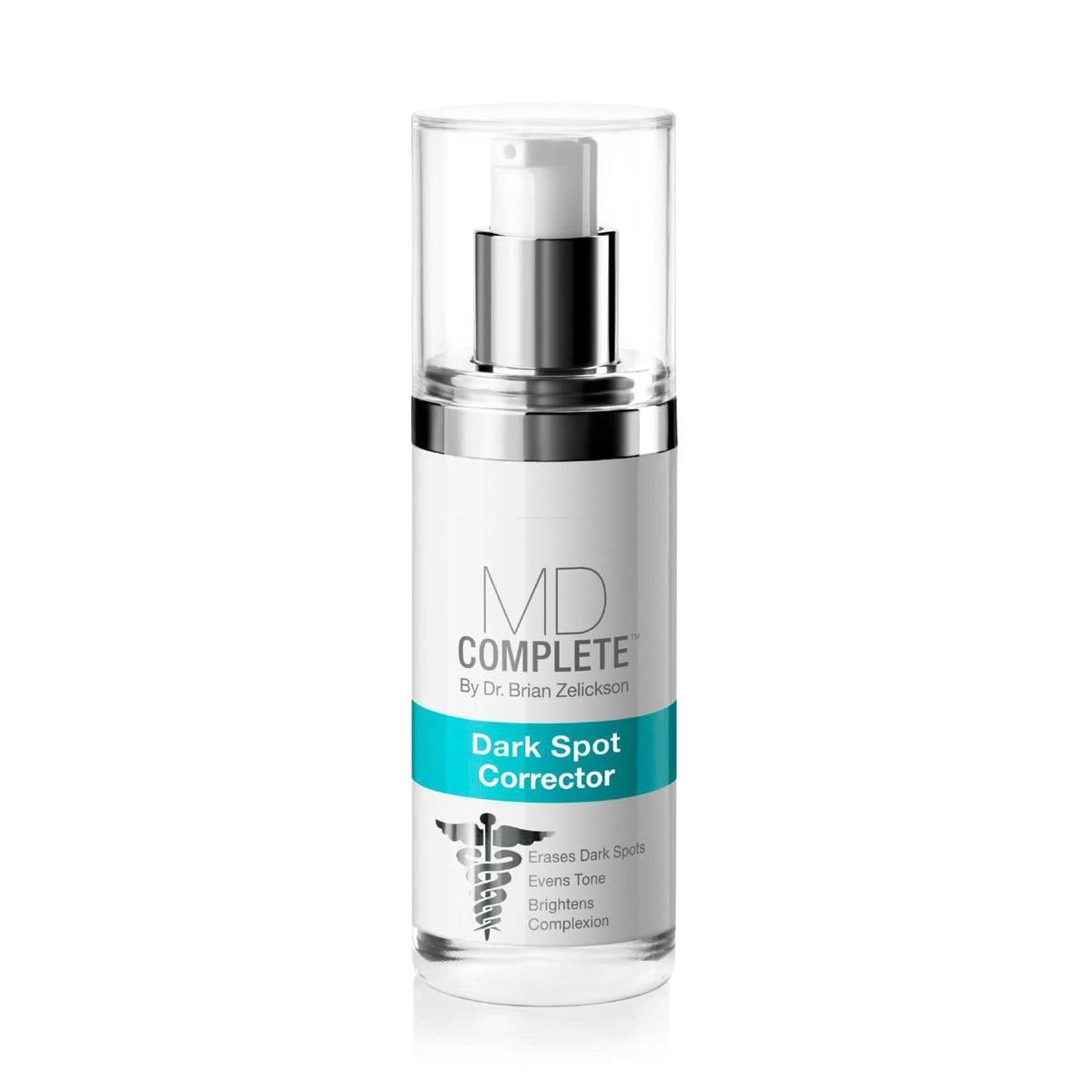 MD Complete Dark Spot Corrector bottle close-up showing actives for brighter skin