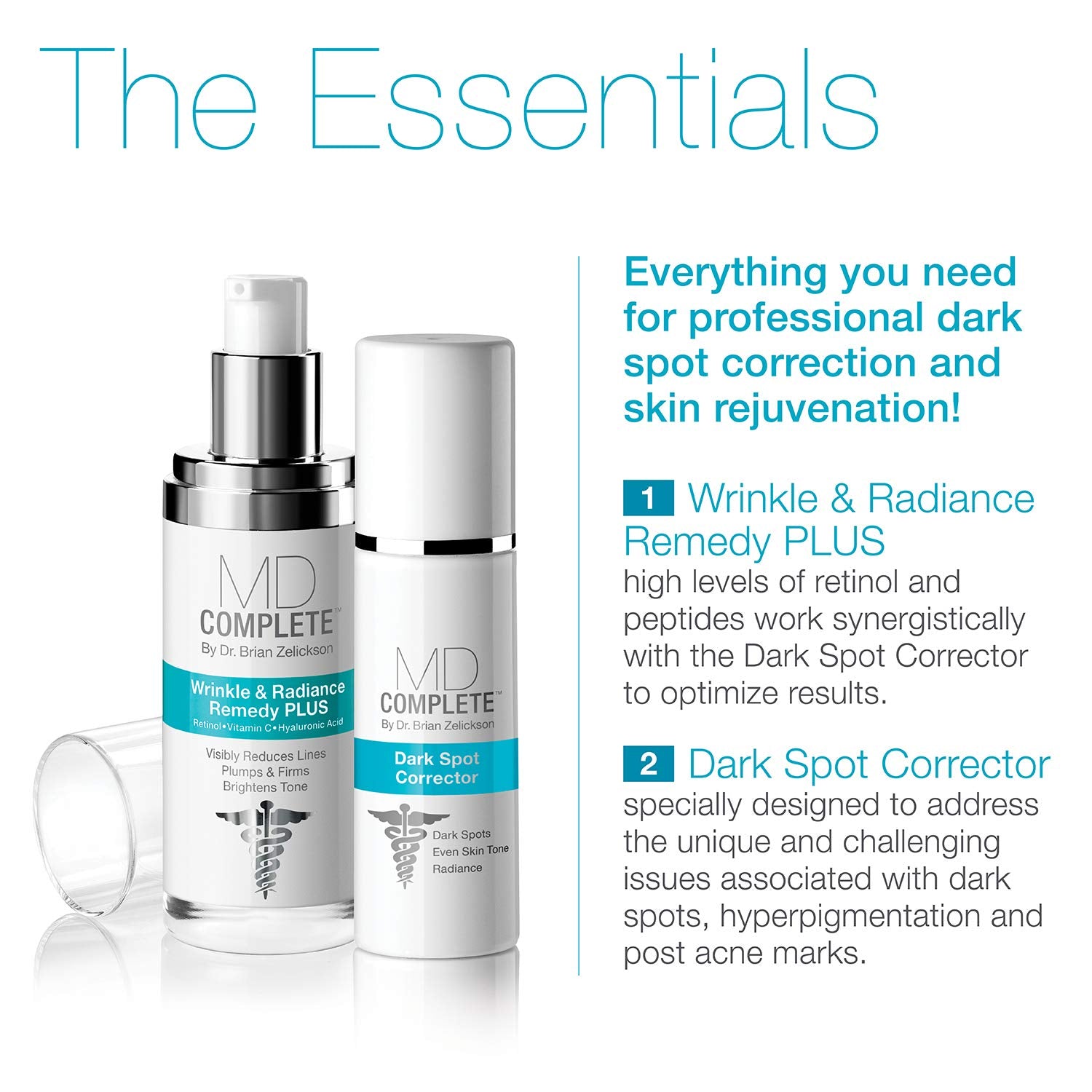 MD Complete Dark Spot Duo vitamin C glow hints at radiant complexion.