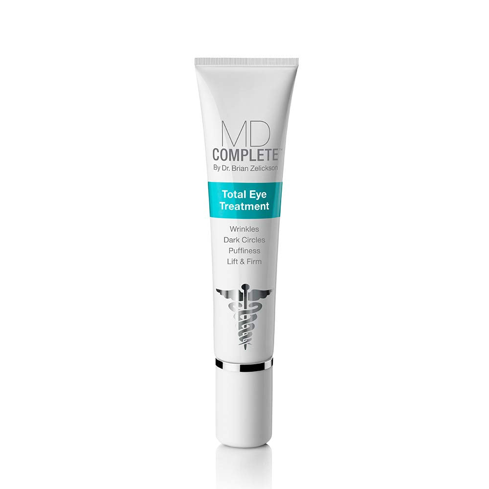 MD Complete Total Eye Treatment bottle closeup highlighting hydrating peptide formula