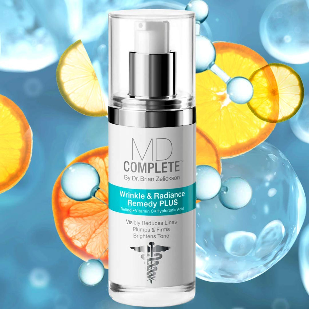 MD Complete Wrinkle Radiance Remedy Plus bottle back highlights ingredients