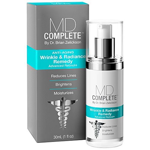 MD Complete Wrinkle & Radiance Remedy Plus bottle with serum pour supports radiant skin.