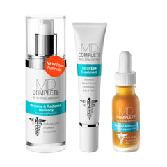 MD Complete Wrinkle Radiance Trio bottle close-up highlighting advanced retinol and vitamin C formulation for daily use.