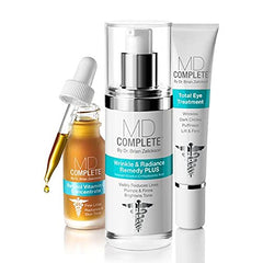 MD Complete Wrinkle Radiance Trio packaging signals premium dermatologist-grade care at home.
