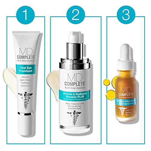 MD Complete Wrinkle Radiance Trio serum dropper ready for precise application.