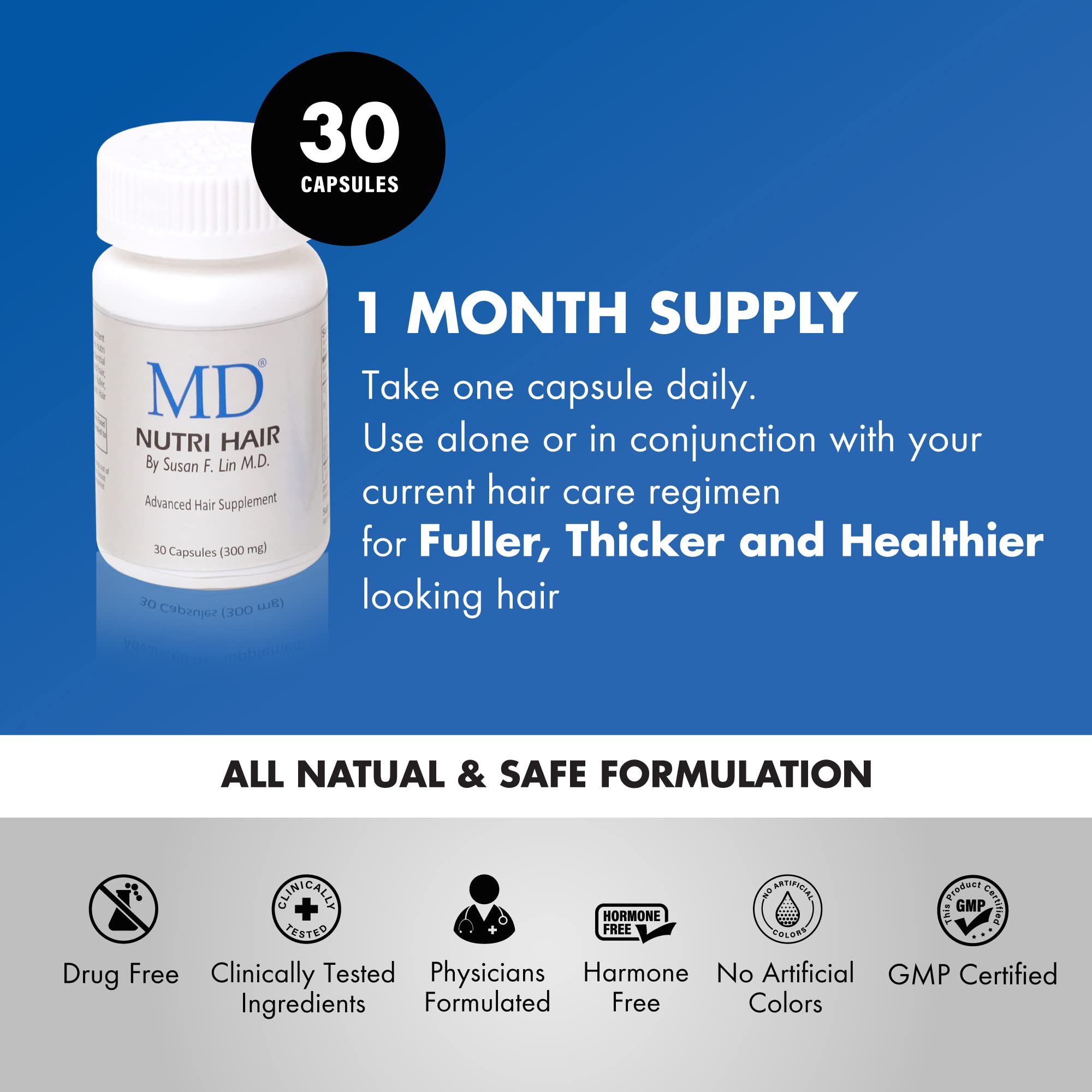 Bottle of MD Nutri Hair on dresser with soft lighting