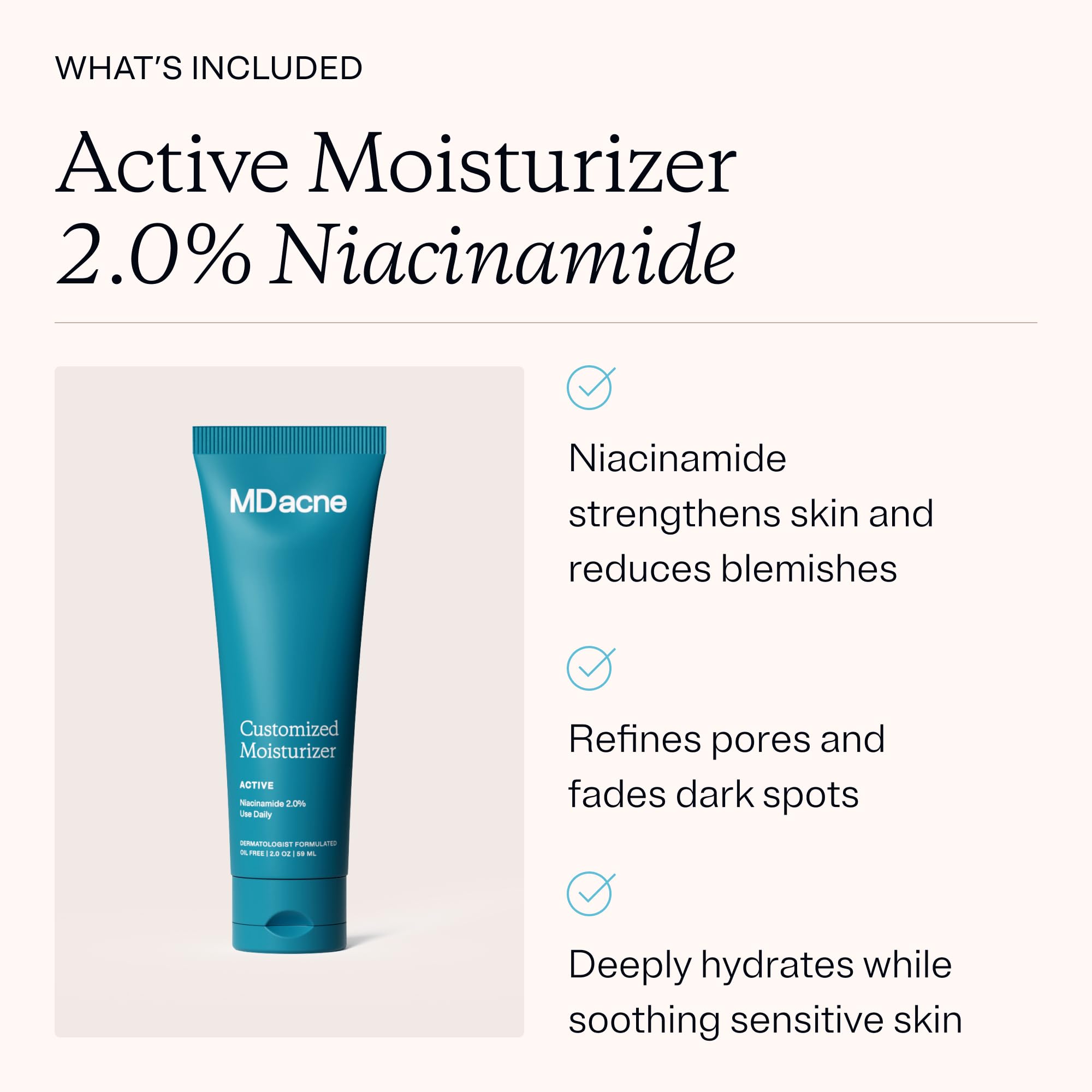 MDacne dermatologist-formulated label adds clinical credibility for sensitive skin.