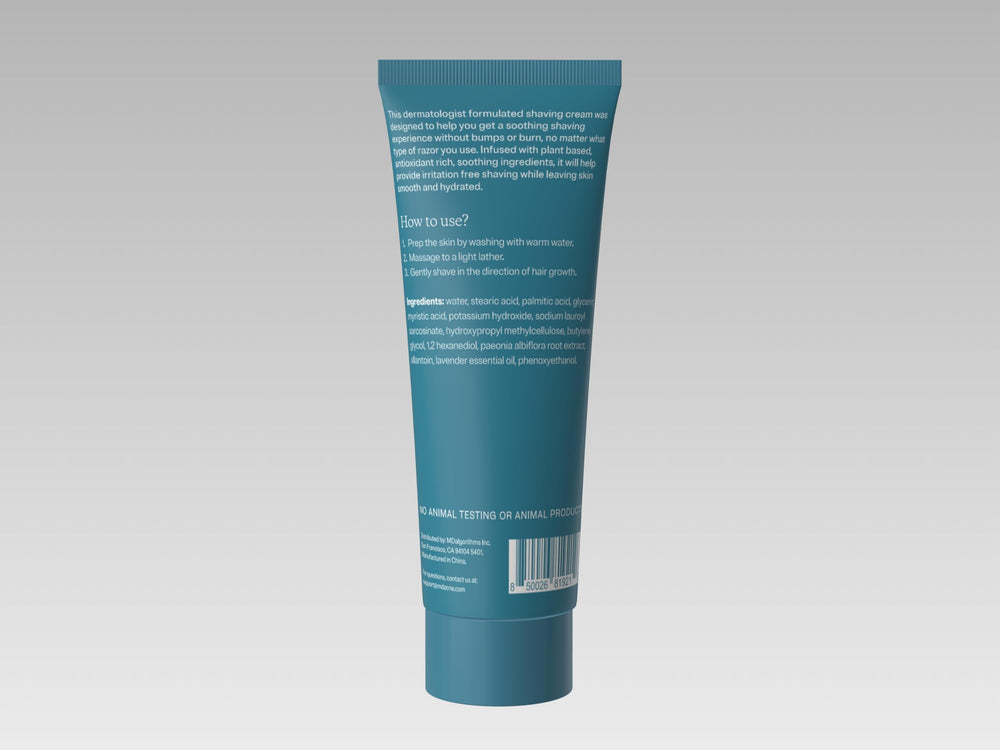 MDacne Shaving Cream on a skin test scene suggesting gentle use for acne-prone skin.