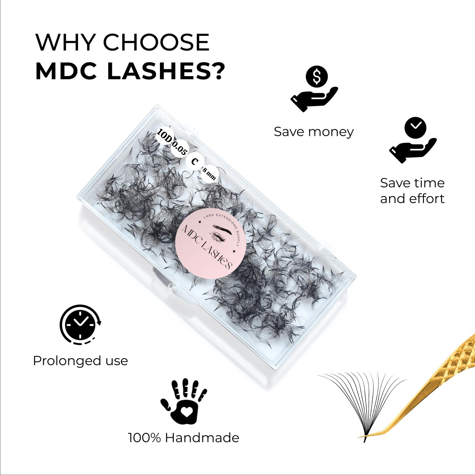MDC Lashes promade fans CC curl 8-18 mm for fuller volume sets.