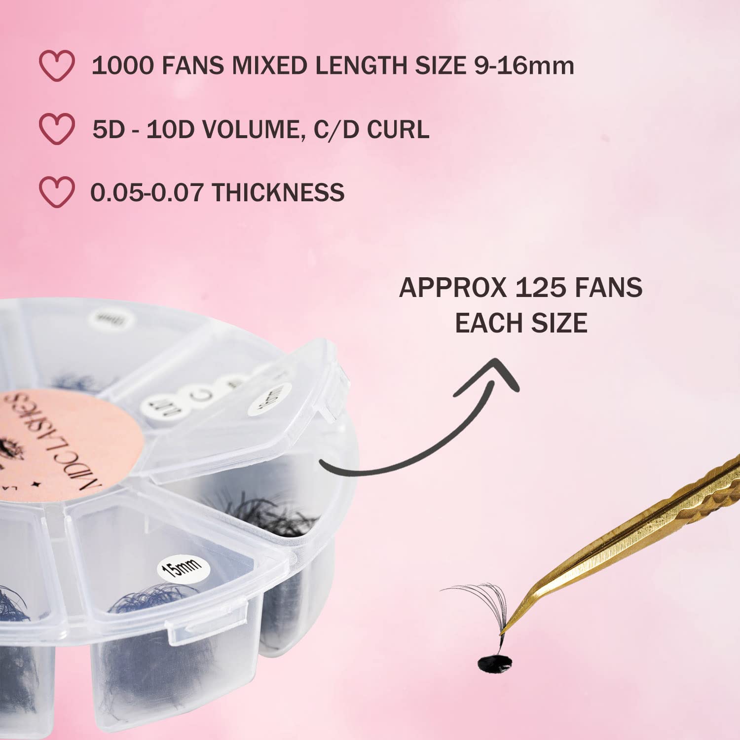 MDC LASHES Promade fans 8D-C curl for defined, durable curl.