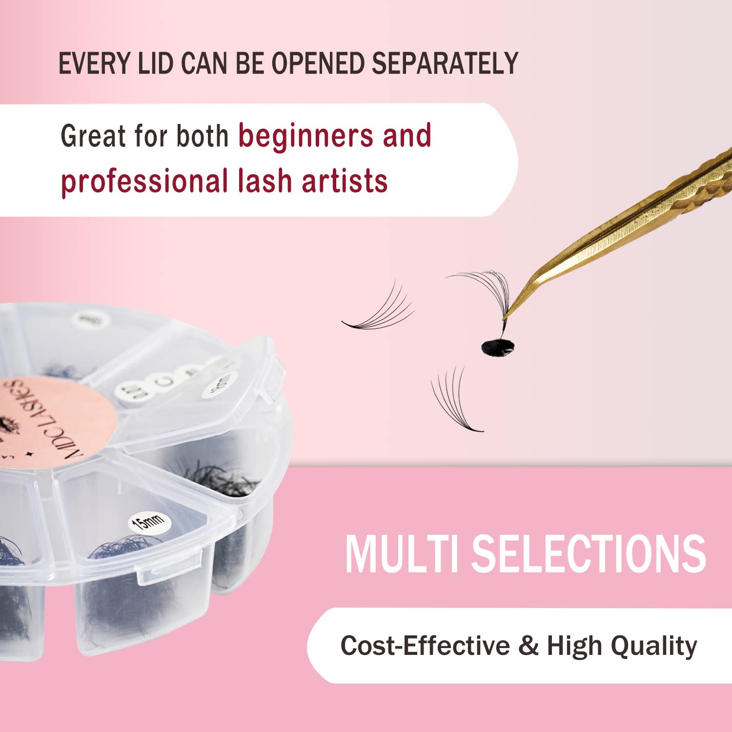 MDC LASHES Promade fans 9-16mm range suits varied eye shapes.