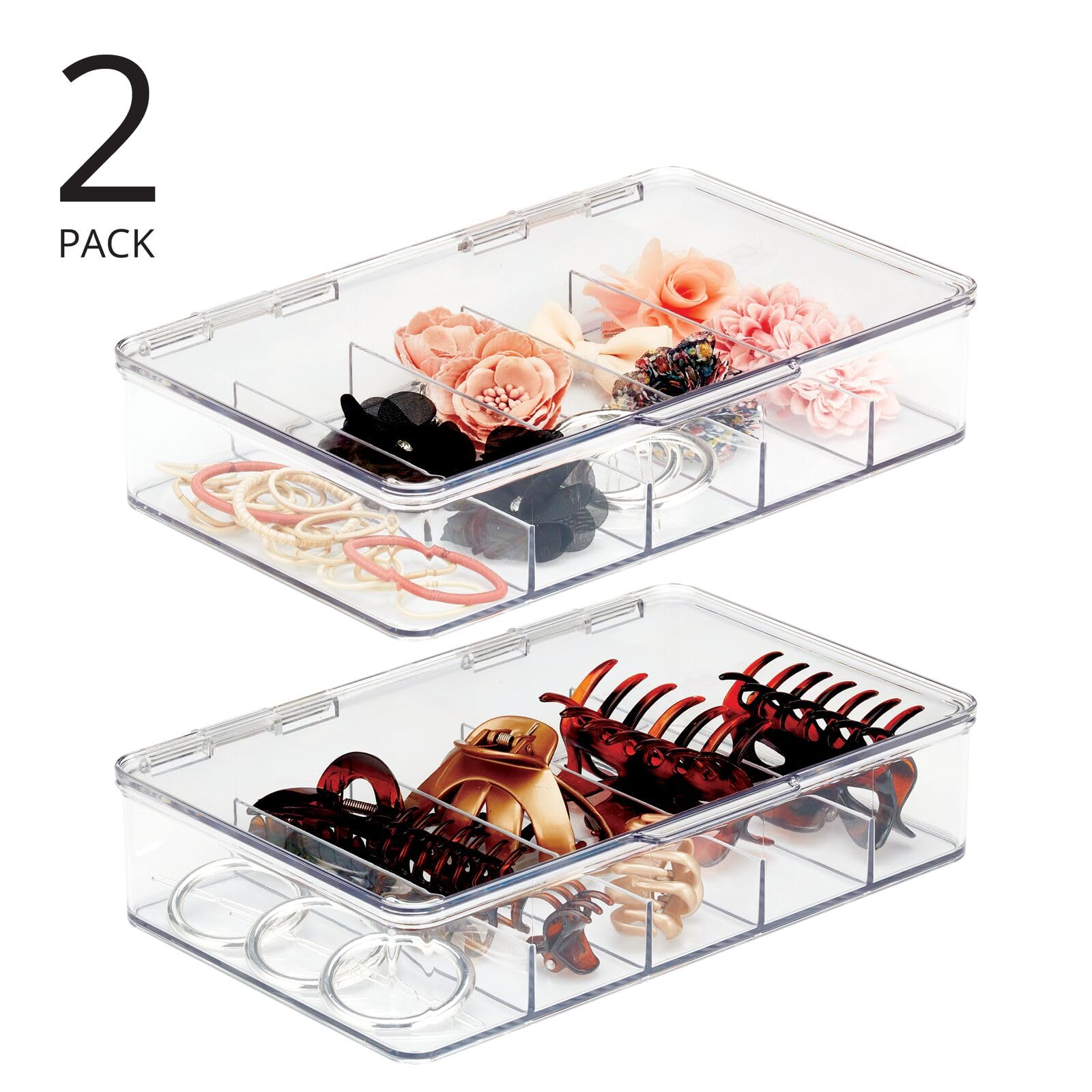 mdesign Ligne Collection hinged-lid organizer with five sections for makeup and jewelry.