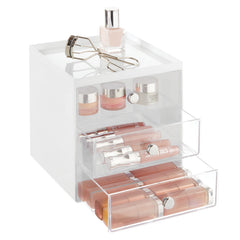mDesign makeup organizer with three drawers keeps lip gloss and palettes neatly organized on a vanity