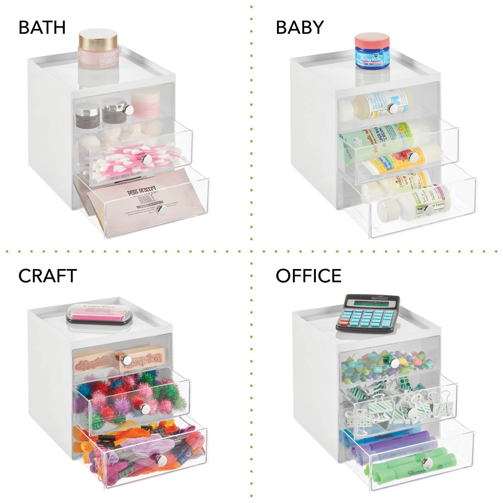 mDesign makeup table organization keeps creams and masks neatly arranged