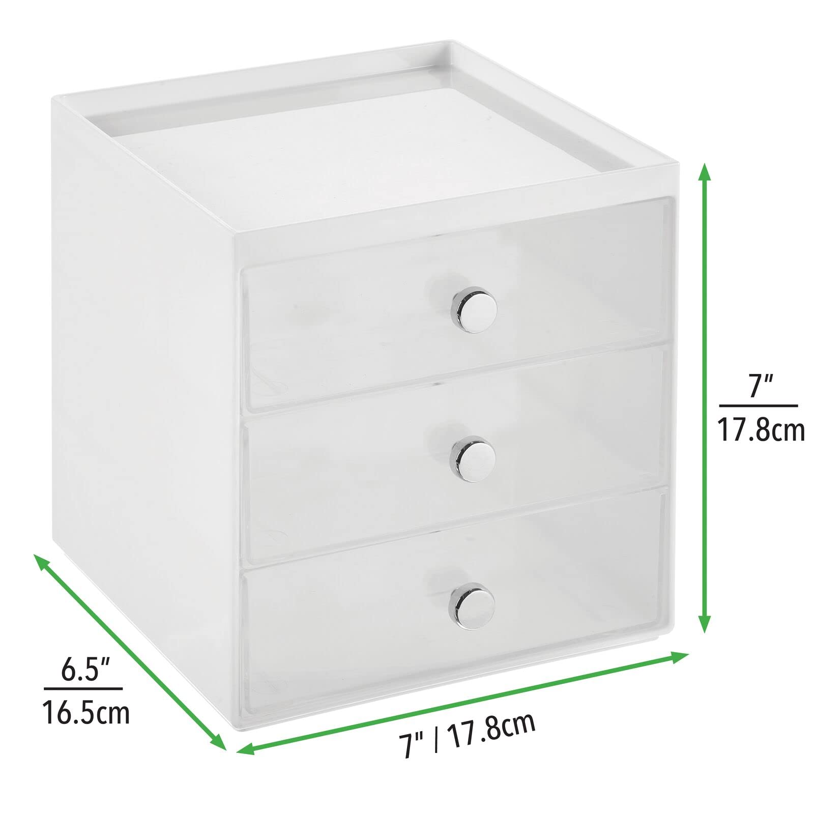 mDesign vanity storage cube viewed from above showing clear drawers for easy visibility