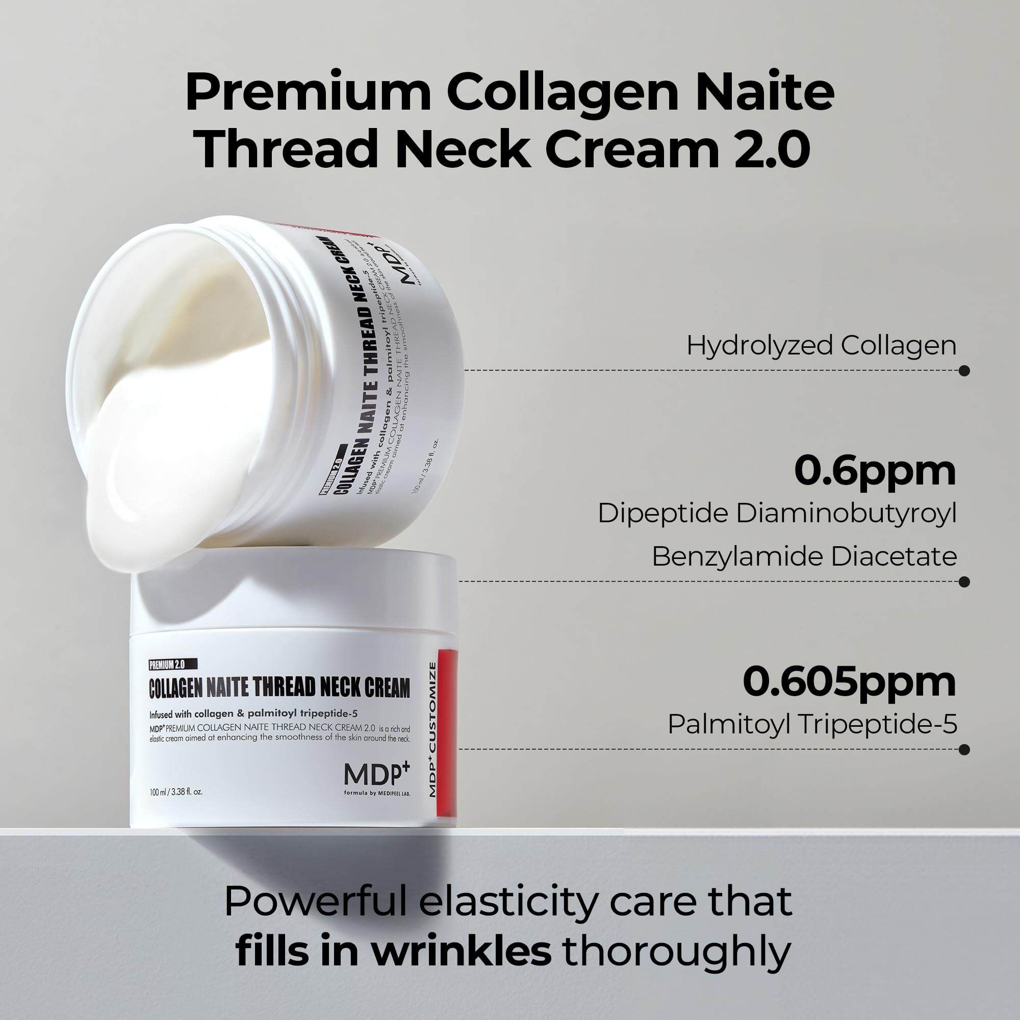 MDP Neck Cream texture close-up highlighting smooth application and lifting potential.