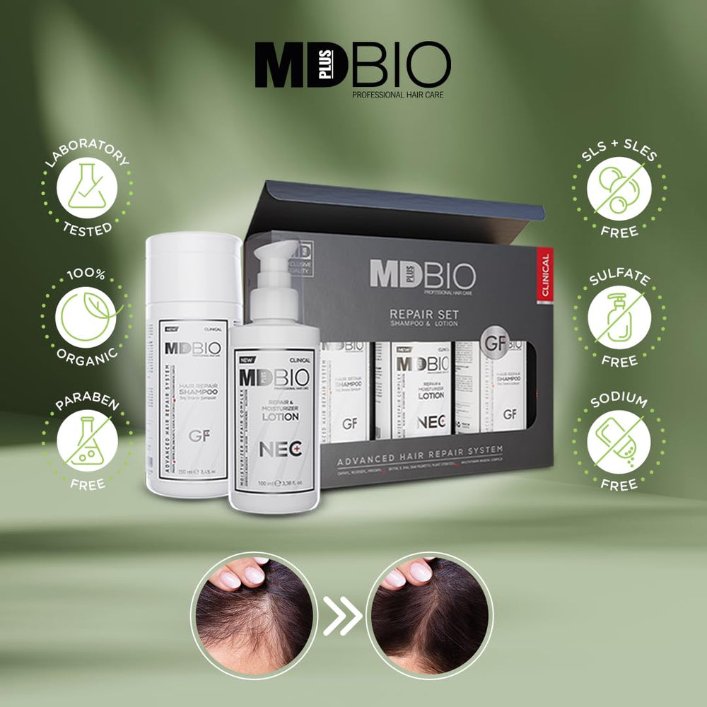 MD Plus Bio spray shampoo bottle for gentle cleansing and scalp care.