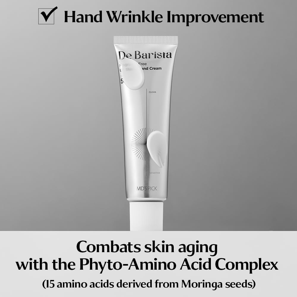 MD'S PICK De Barista Sun Shield Hand Cream outdoors with vegan ingredients.
