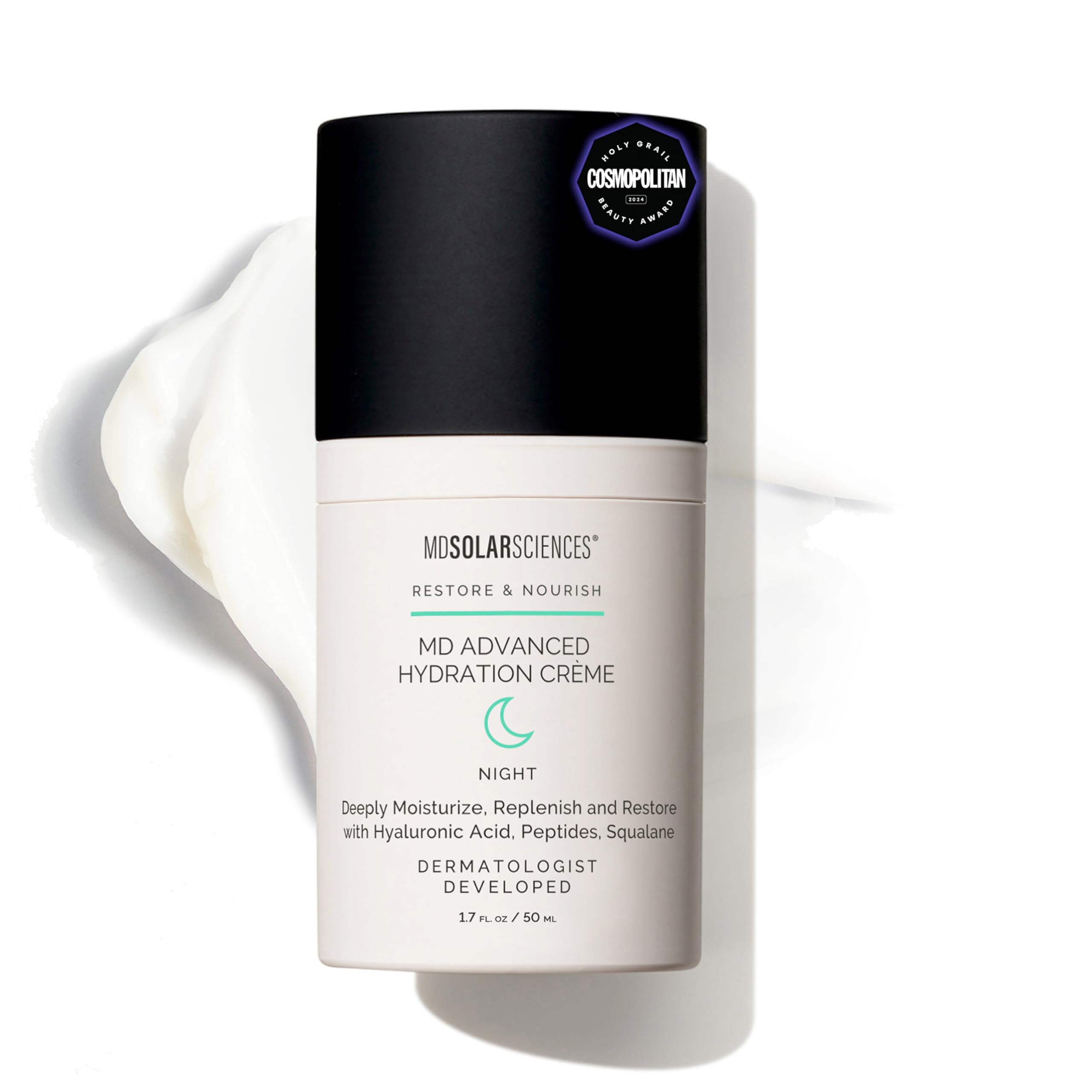 MDSolarSciences MD Advanced Hydration Crème bottle glows with hydrating, time-release moisture for overnight skin refresh.