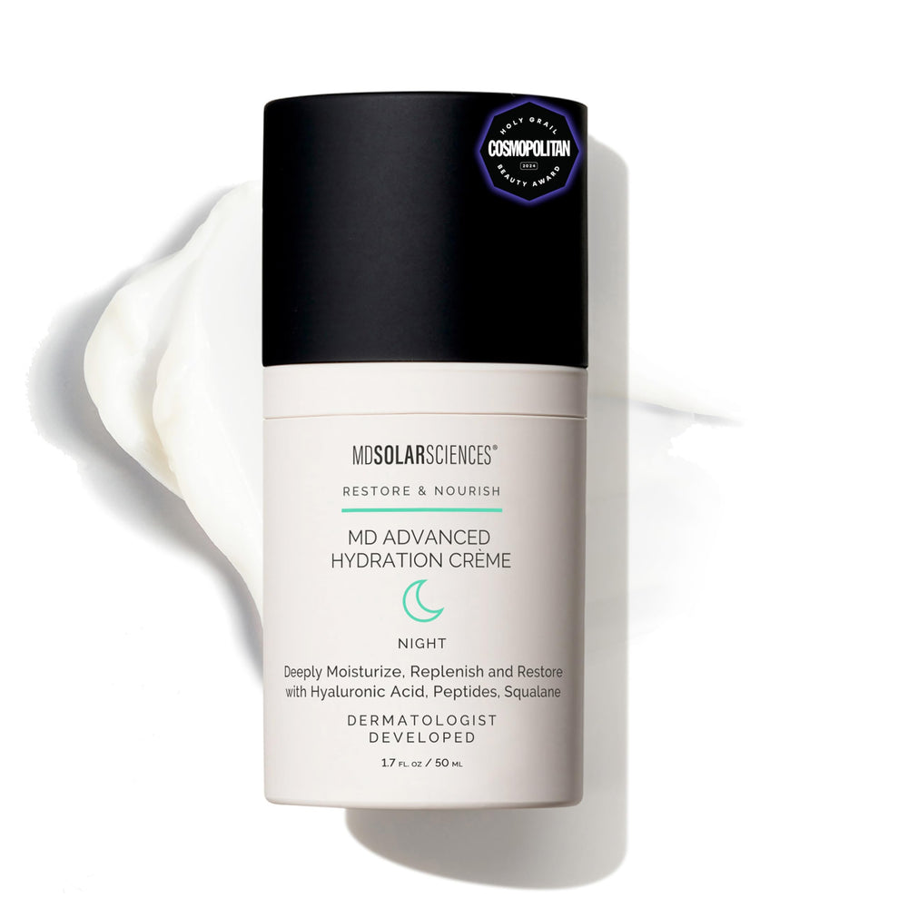 MDSolarSciences MD Advanced Hydration Crème bottle glows with hydrating, time-release moisture for overnight skin refresh.
