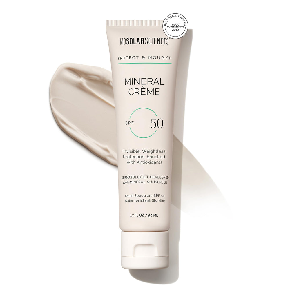 MDSolarSciences Mineral Creme Sunscreen SPF 50 bottle front offering sheer matte protection for all skin types