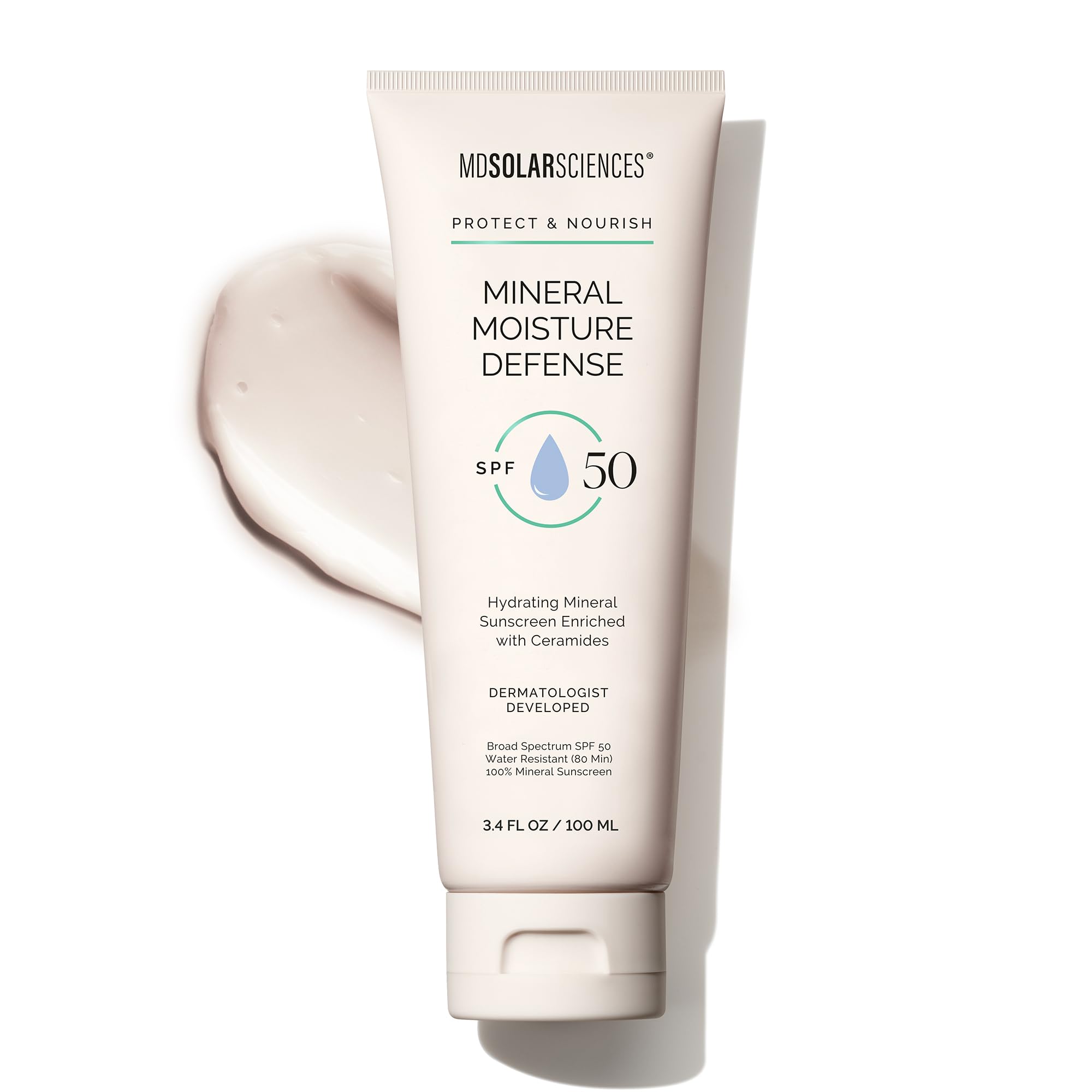 MDSolarSciences Mineral Moisture Defense sunscreen bottle showing mineral protection for sensitive skin.