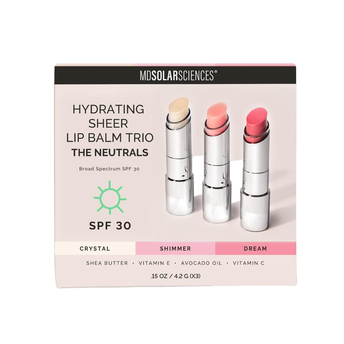 MDSolarSciences tinted lip balm SPF 30 packaging with vegan, sun-protective lip care