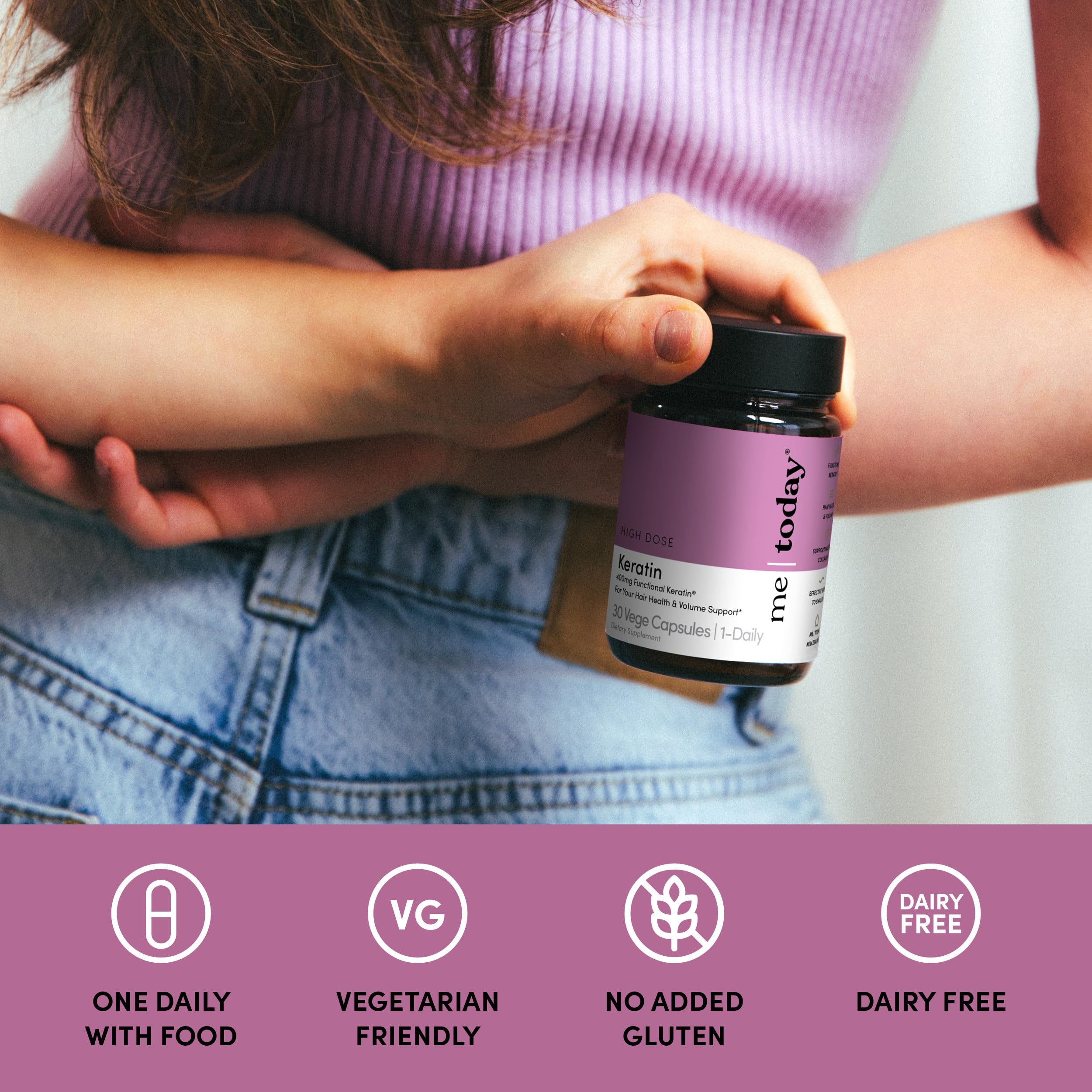 Me Today KeraGEN-IV label close-up showing ingredients and dosage