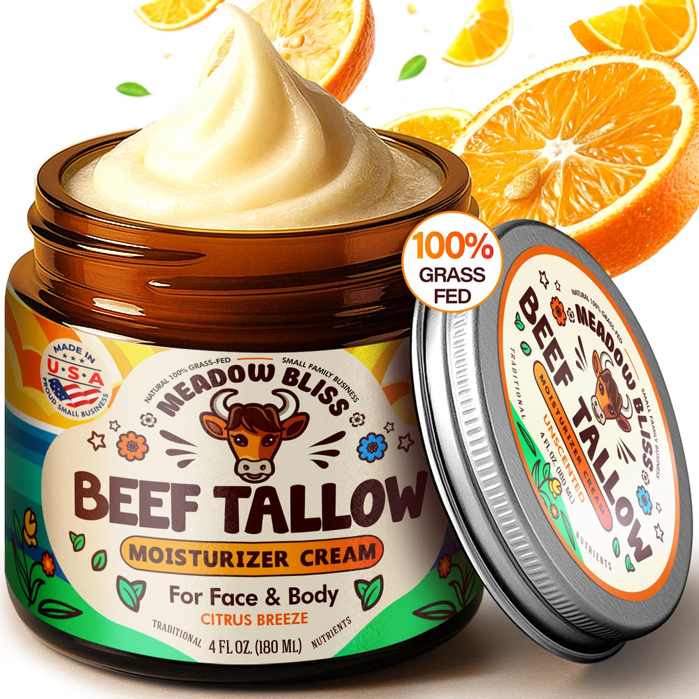 Meadow Bliss beef tallow bottle showing deep hydration for sensitive skin