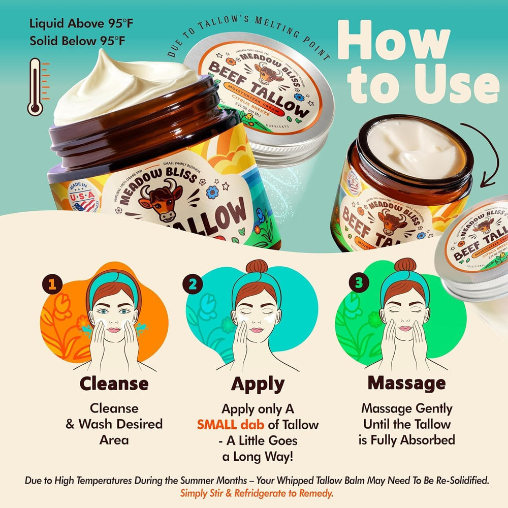 Grass-fed Meadow Bliss tallow used in a skin-friendly formulation