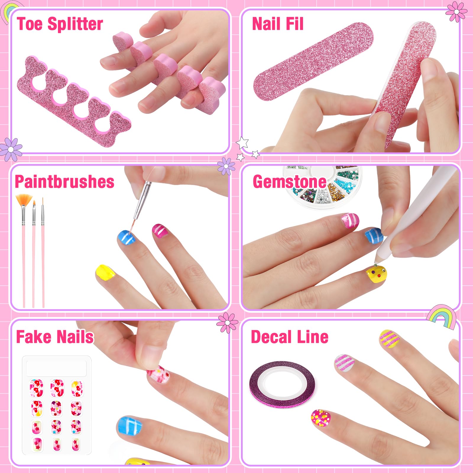 Gem wheel and decals offer creative accents for personalized nail art.