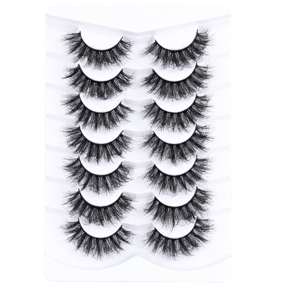 Mebver cat-eye wispy lashes, seven-pair pack ready for party looks.