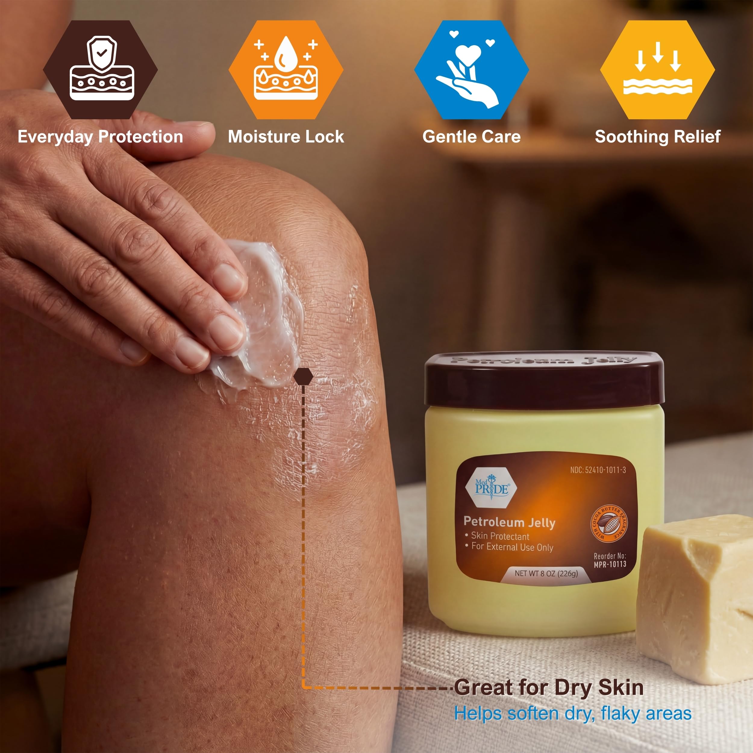MED PRIDE Cocoa Butter Petroleum Jelly on heels for rough-skin protection and softness