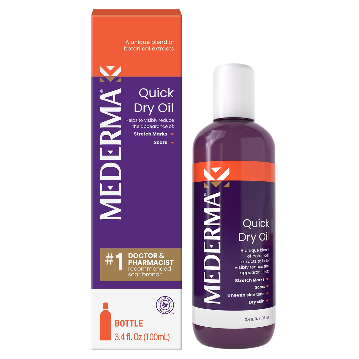Mederma Quick Dry Oil bottle shows fast-absorbing formula for scars and stretch marks.