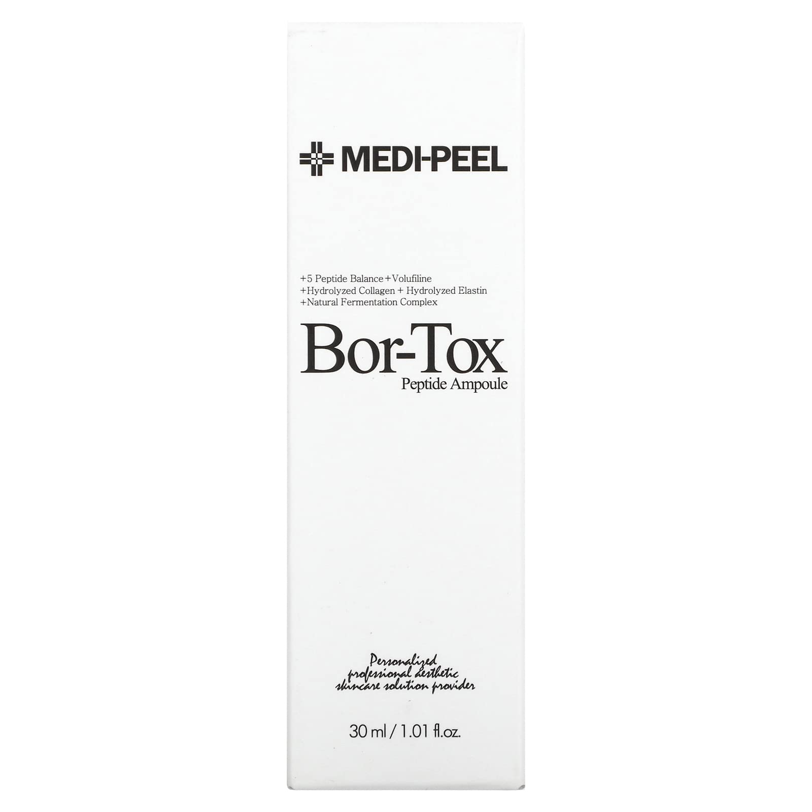 Medi-Peel ampoule dropper close-up shows peptide and collagen blend for skin resilience.