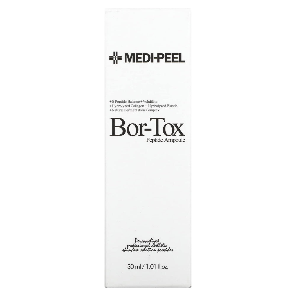 Medi-Peel ampoule dropper close-up shows peptide and collagen blend for skin resilience.