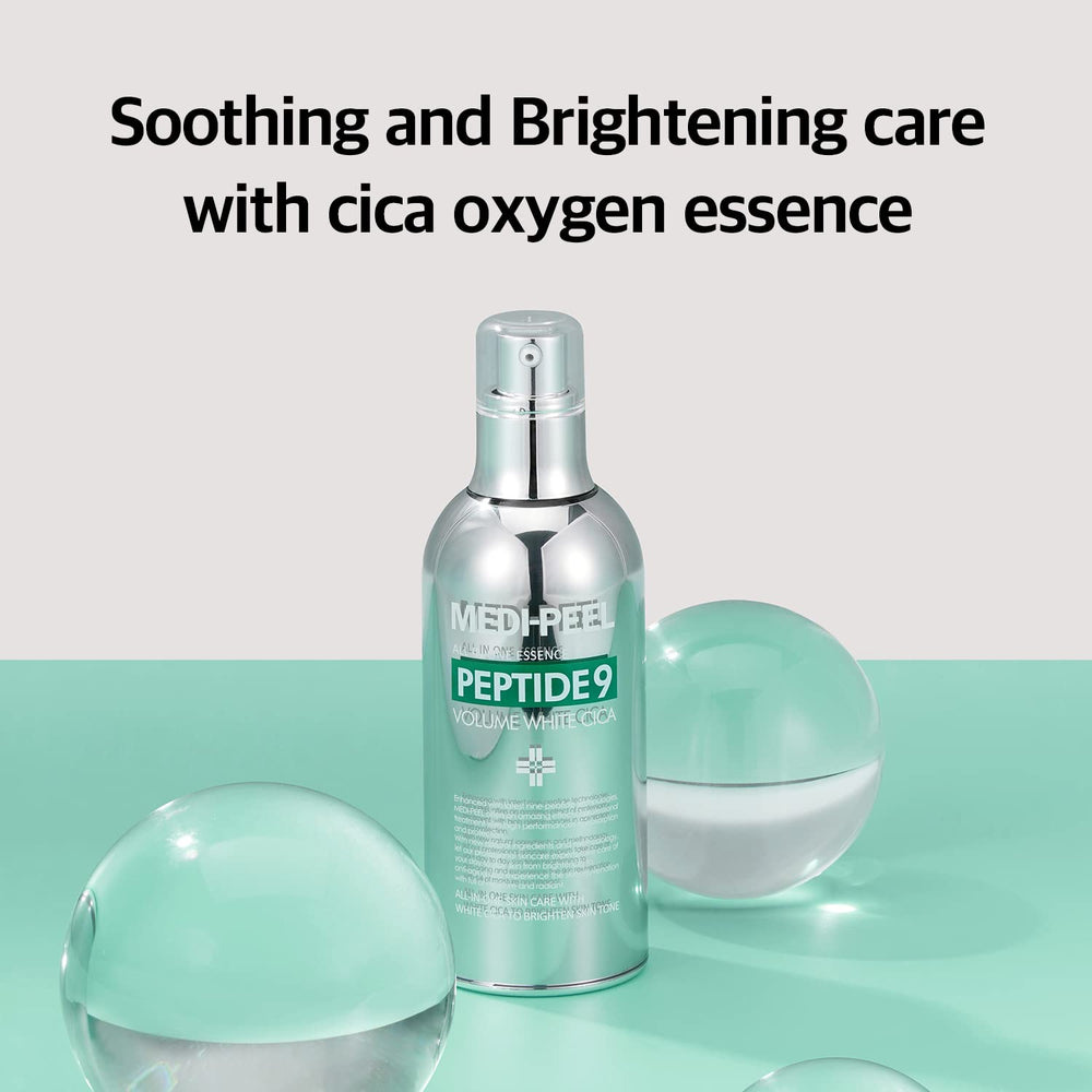 MEDI-PEEL Peptide 9 Volume White Cica Essence bubble texture refreshing, even skin tone.
