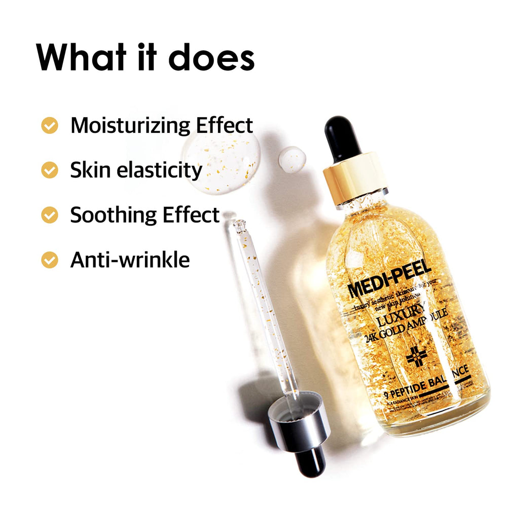 MEDI-PEEL Pure Gold 24K ampoule golden texture close-up suggesting luxurious hydration.