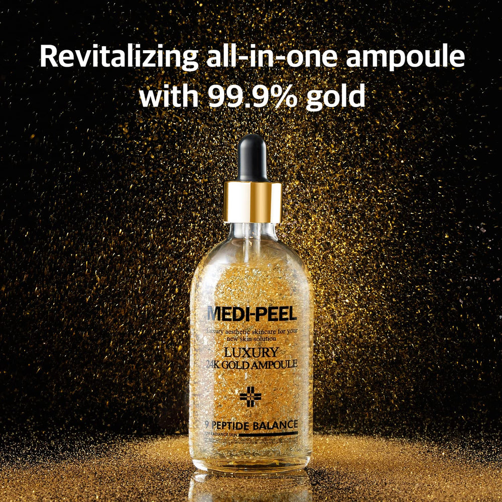 MEDI-PEEL Pure Gold 24K ampoule packaging close-up showing premium design.