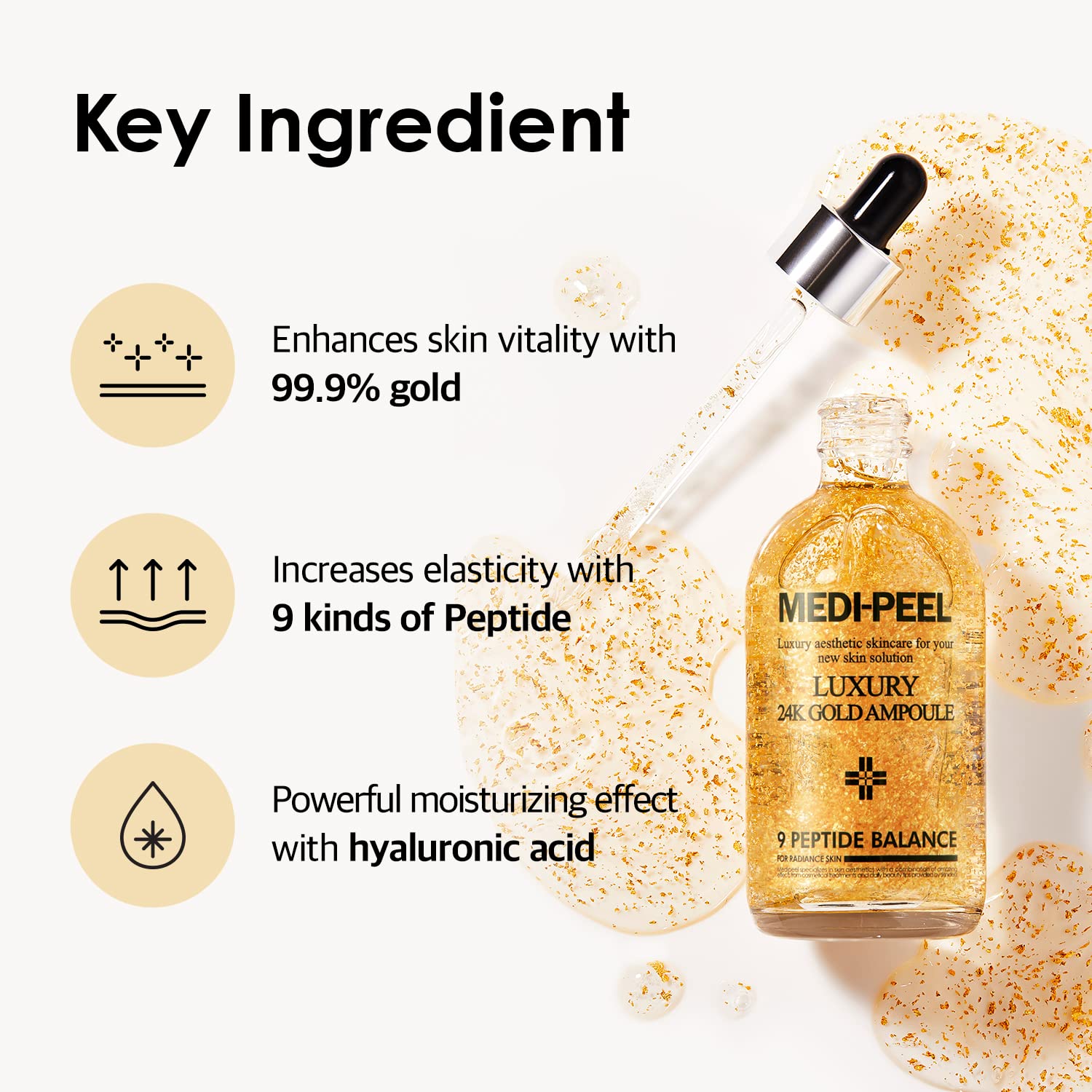 MEDI-PEEL Pure Gold 24K ampoule serum application on skin, silky flow.