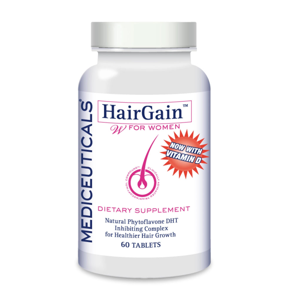 Mediceuticals HairGain bottle with pills for daily hair health support.