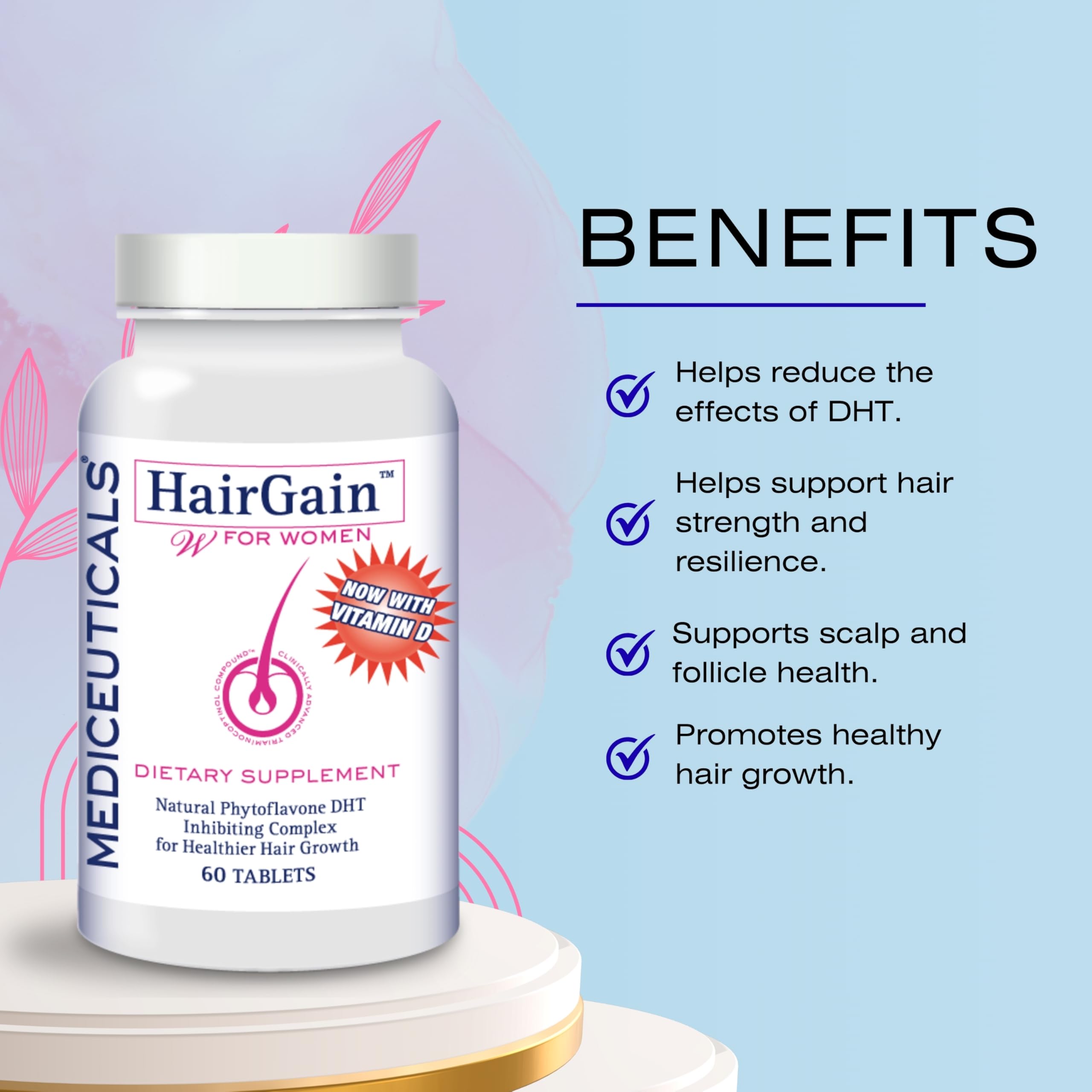 Close-up of Mediceuticals HairGain capsules showing natural phytoflavone formula.