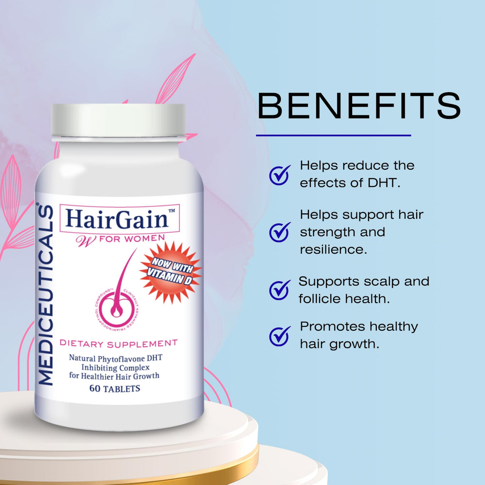 Close-up of Mediceuticals HairGain capsules showing natural phytoflavone formula.