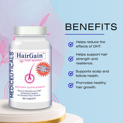 Close-up of Mediceuticals HairGain capsules showing natural phytoflavone formula.