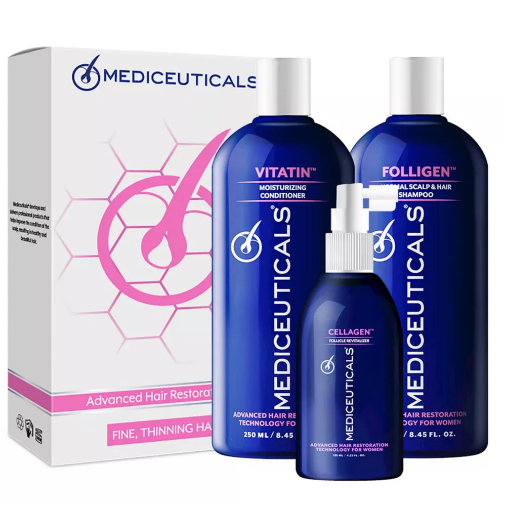 Mediceuticals Cellagen bottle close-up for gentle scalp nourishment and shine.