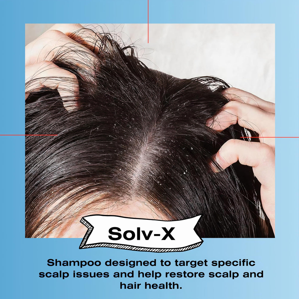 Mediceuticals Solv-X Shampoo label close-up highlighting key scalp-care ingredients.
