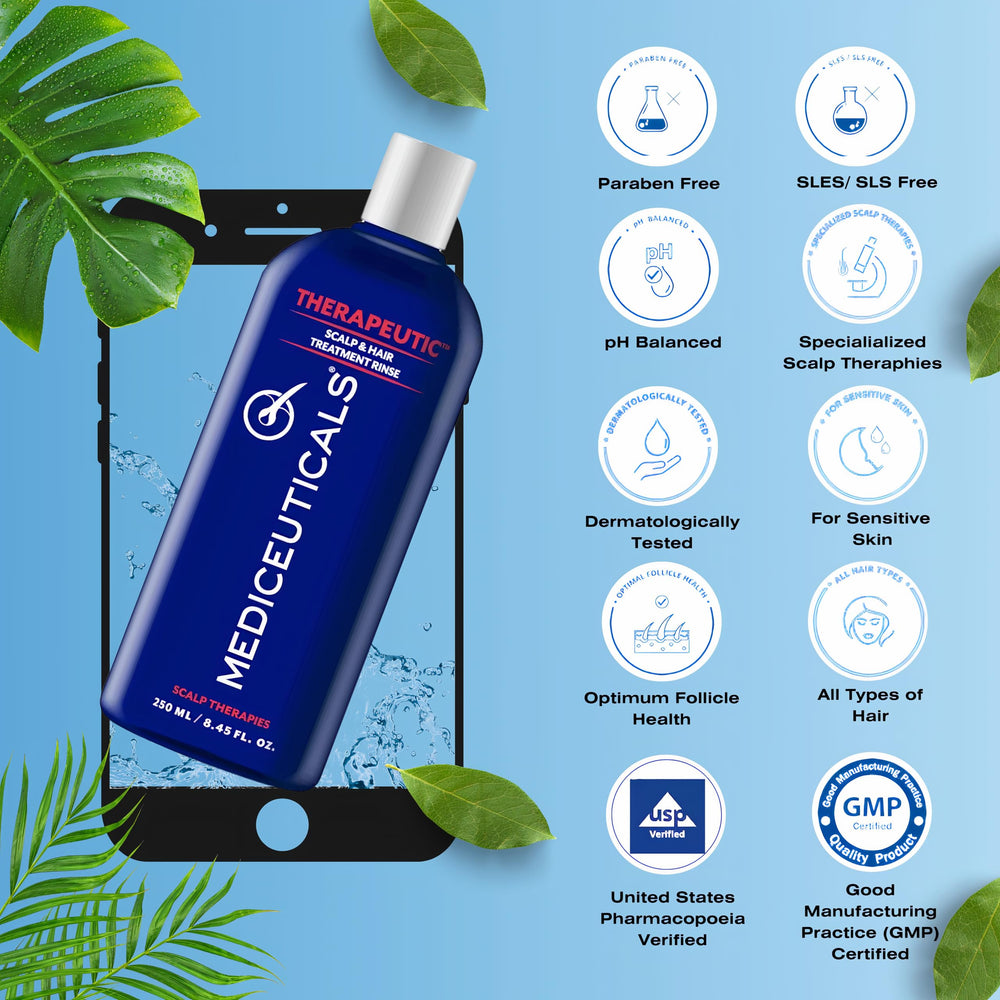 Mediceuticals Therapeutic Conditioner bottle with packaging emphasizes gentle, balanced scalp care.