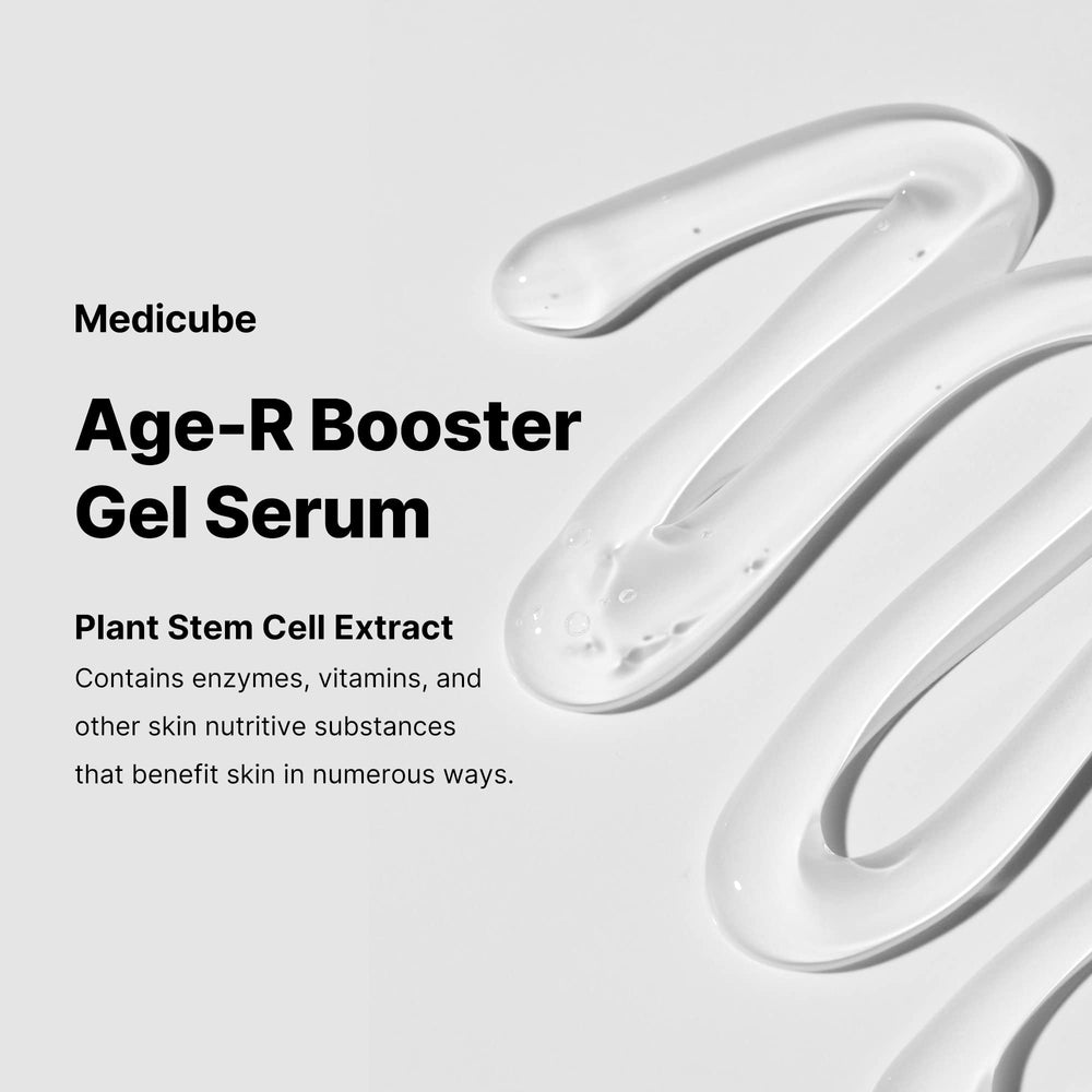 Medicube Age-R Booster Gel Serum packaging showcases hypoallergenic Korean skincare design.